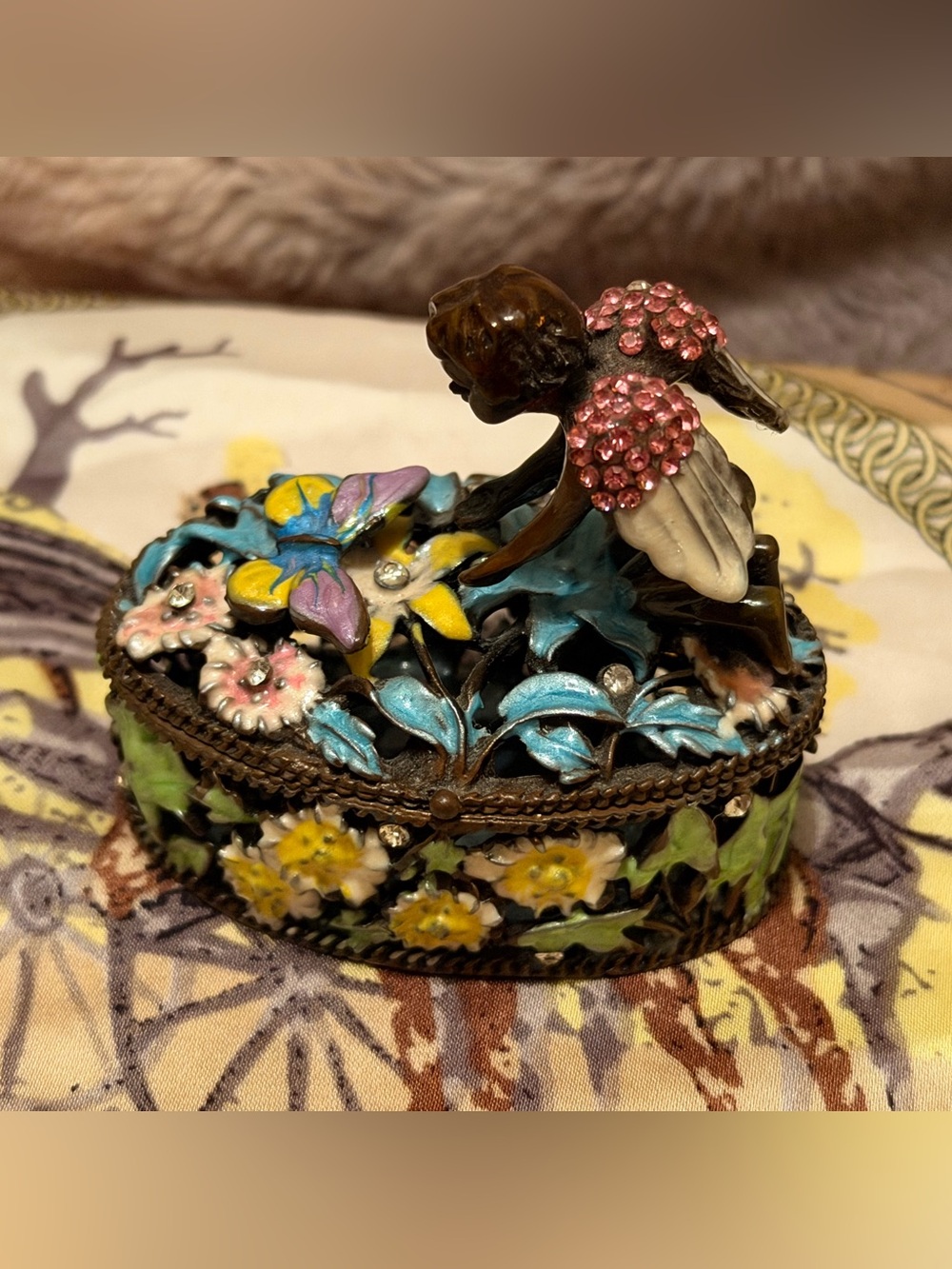 Vintage MCM Style Bejeweled Angel & Butterfly Trinket Box | Enameled Crystal